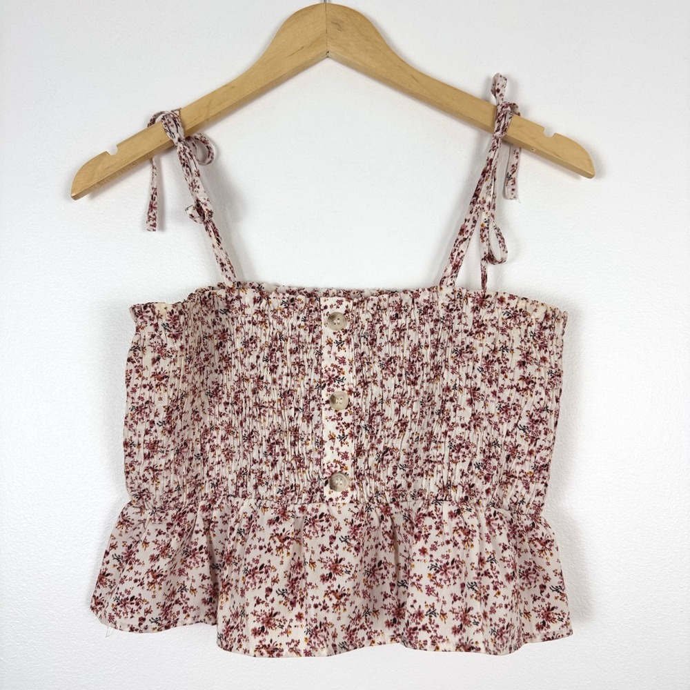 Paper Crane Floral Smocked Tie Strap Button Front Crop Top M Boho Beach Chic